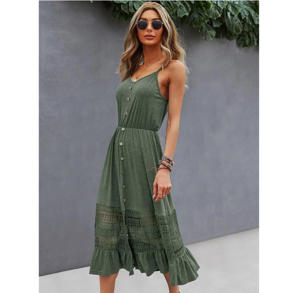 Green Midi Dress Fit and Flared Button Front Lace Detail Cami Top - Picture 3 of 8